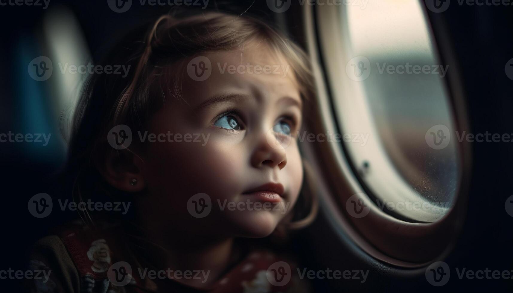 Cute Caucasian toddler sitting in car, looking out window happily generated by AI photo