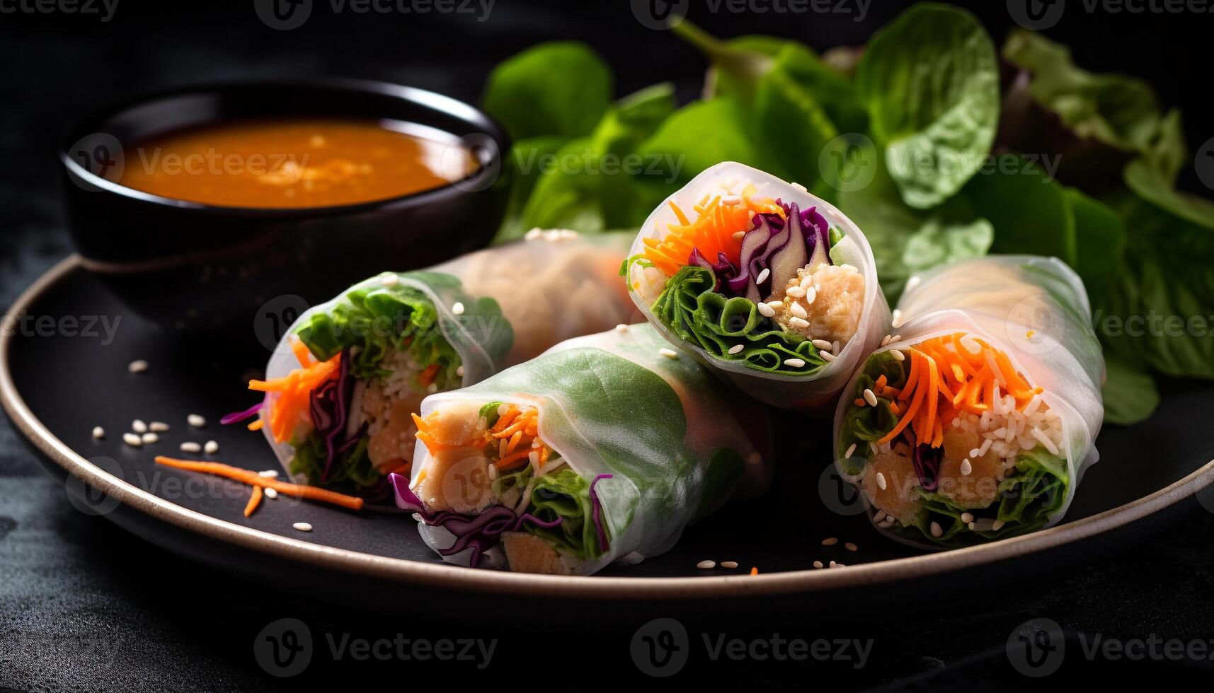 Fresh spring rolls with vegetables and pork, served on plate generated by AI photo
