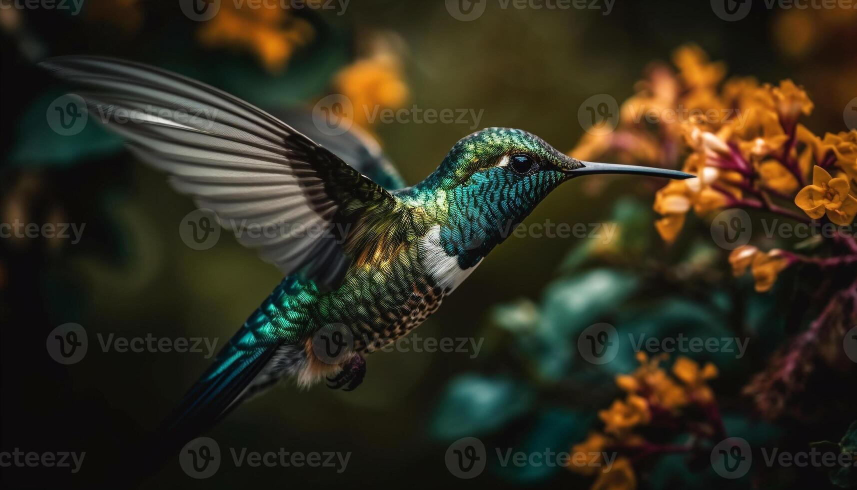 Hummingbird hovering, iridescent feathers, multi colored beak, pollinating vibrant flowers generated by AI photo