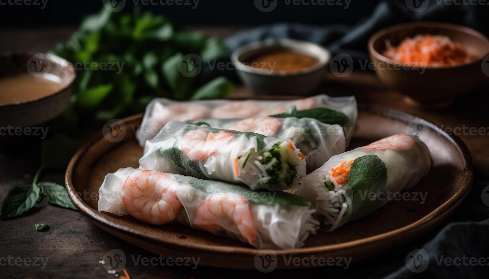Fresh spring roll appetizer wrapped with vegetables and shrimp generated by AI photo