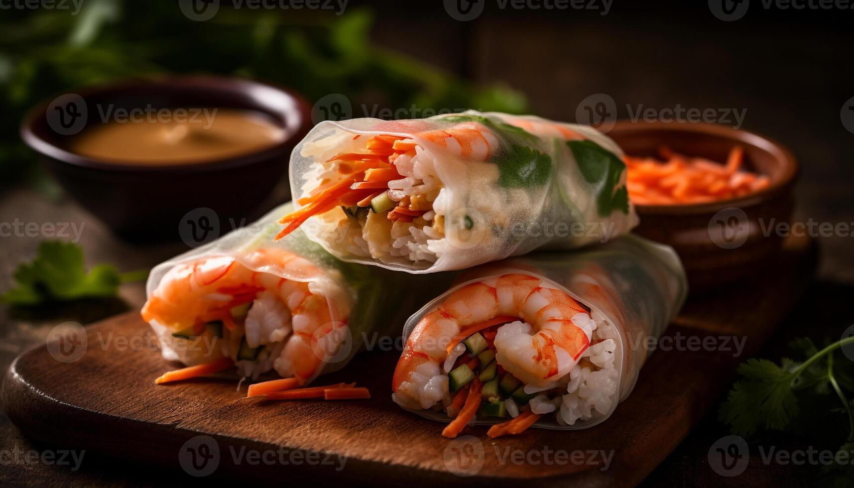 Fresh spring roll appetizer with vegetables and savory sauce dip generated by AI photo