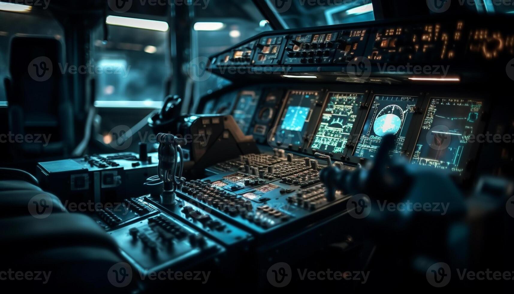 Nighttime cockpit of commercial airplane with illuminated control panel and speedometer generated by AI photo