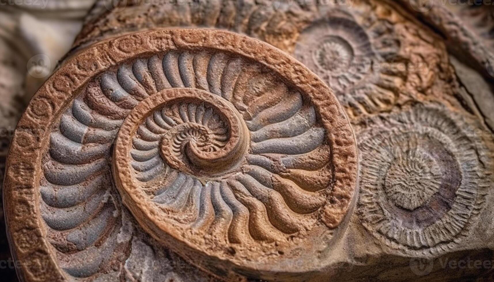 Ancient animal markings on spiral ammonite, a prehistoric fossil discovery generated by AI photo