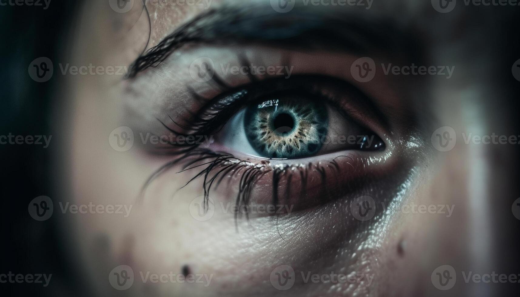 Blue eyed woman staring, beauty in close up, selective focus portrait generated by AI photo