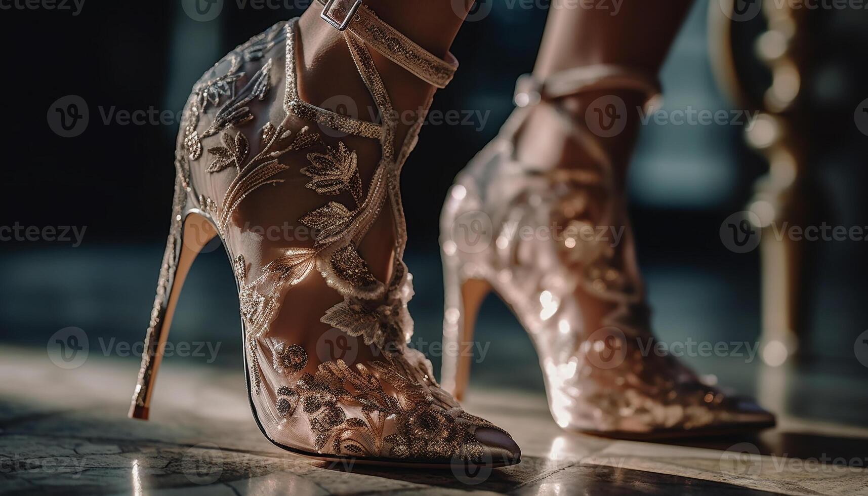 Elegant woman walks on stage in shiny high heels generated by AI photo