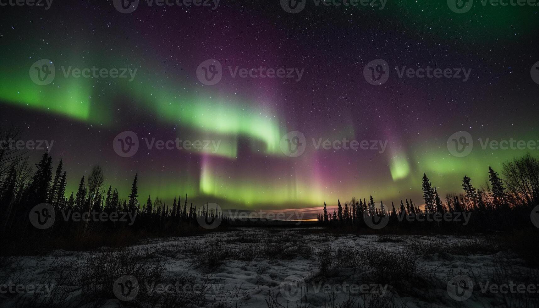 Majestic mountain range illuminated by vibrant aurora polaris at night generated by AI photo