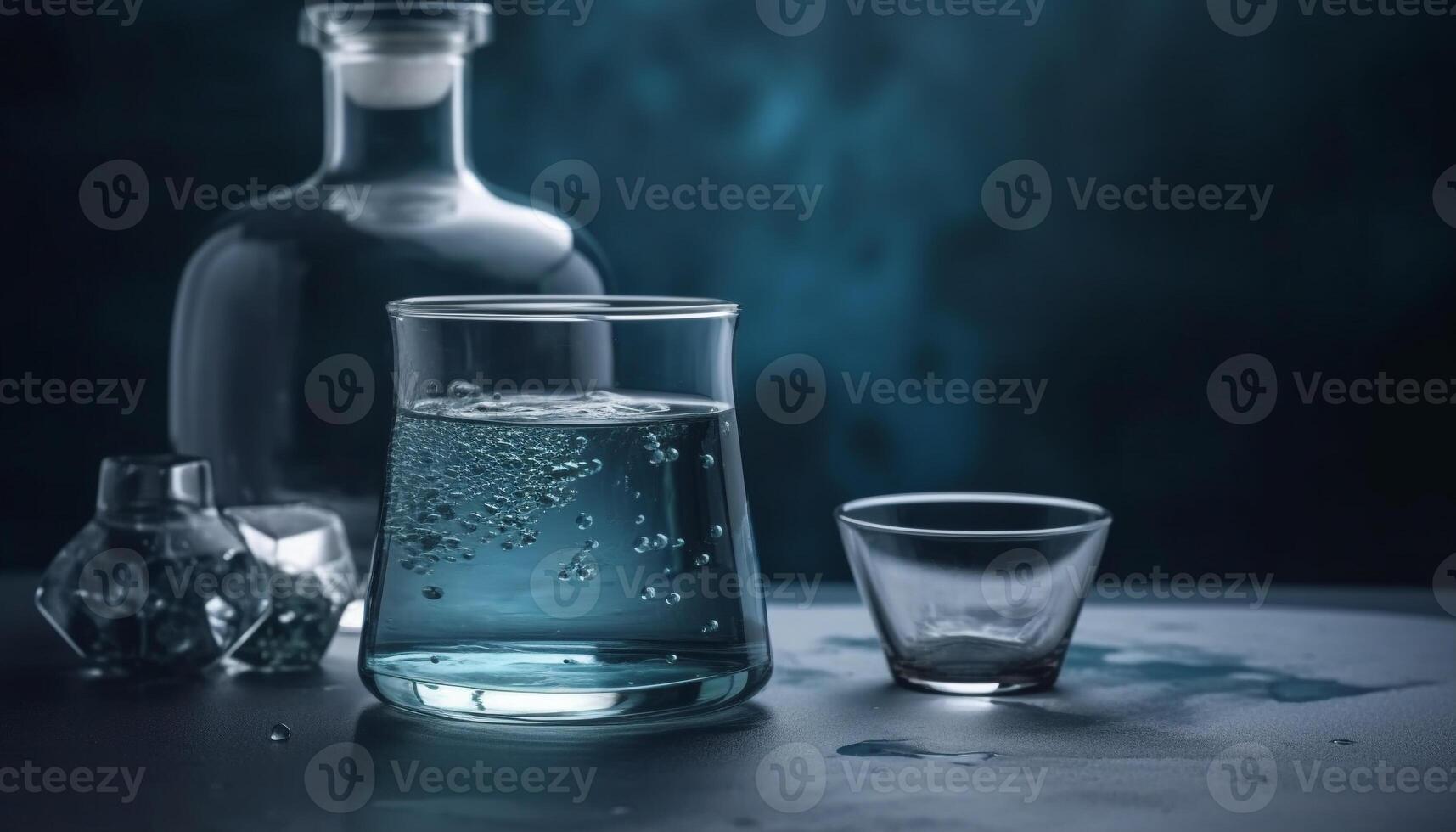 Transparent glass bottle pouring blue liquid, refreshing drink for celebration generated by AI photo