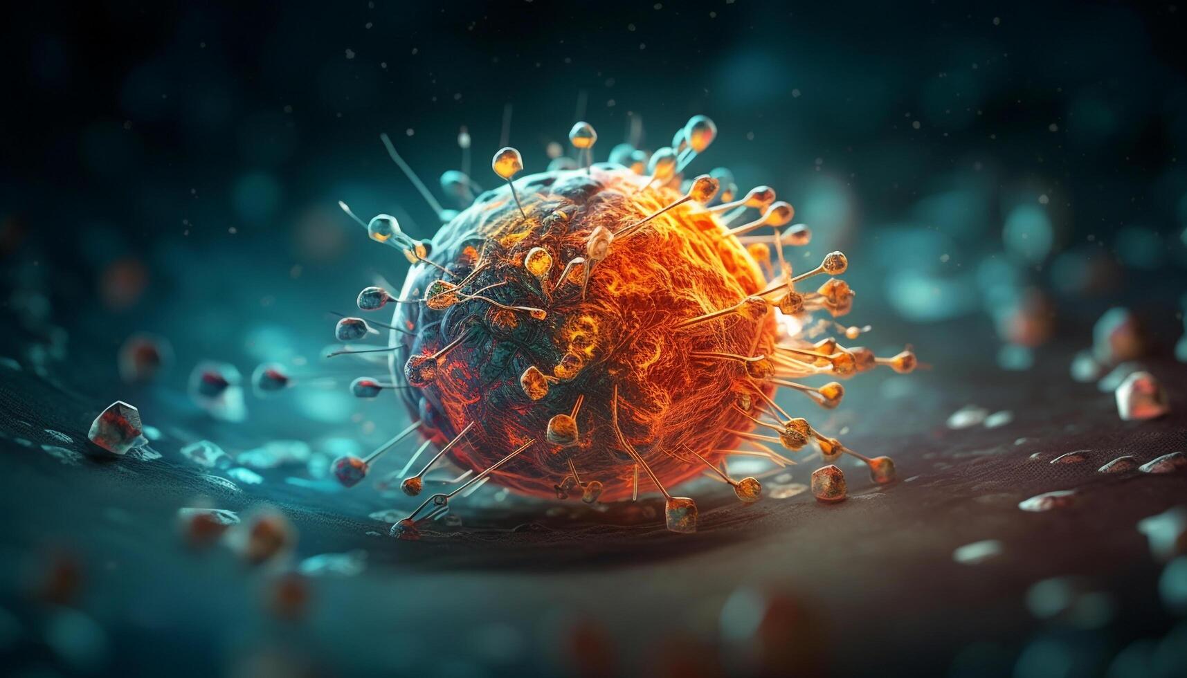 Molecular structure magnified, revealing cancer cell and bacterium interaction generated by AI photo