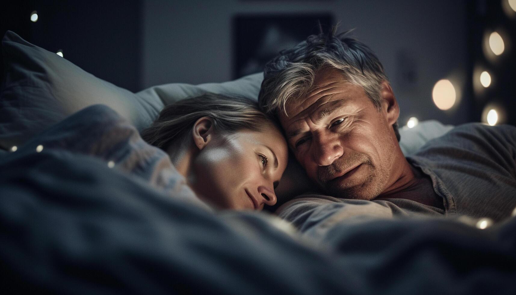 Adults enjoying love and togetherness in comfortable home bedroom generated by AI photo