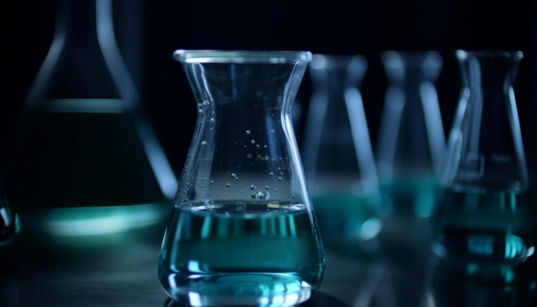 Transparent beaker holds blue liquid for scientific experiment in laboratory generated by AI photo