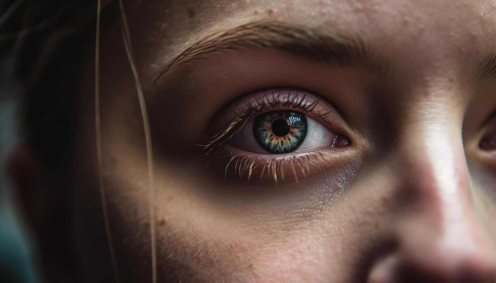 Young adult woman staring at camera with beautiful brown eyes generated by AI photo