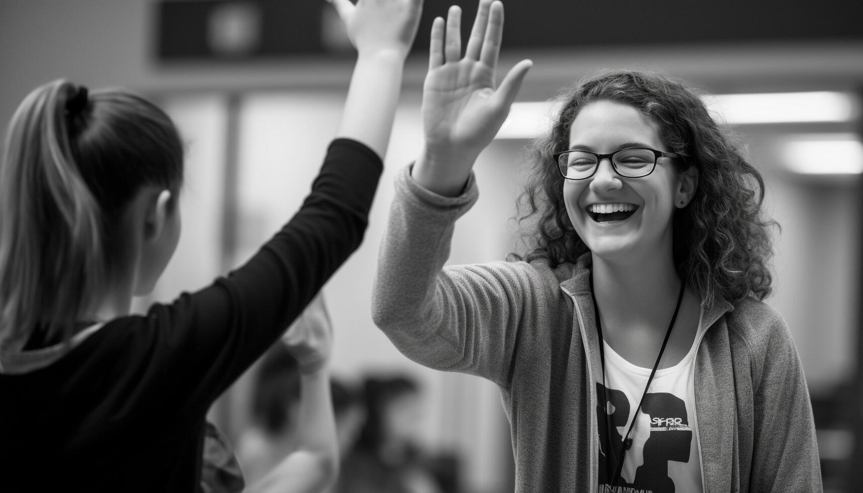 Two young women triumph in education, gesturing with excitement generated by AI photo