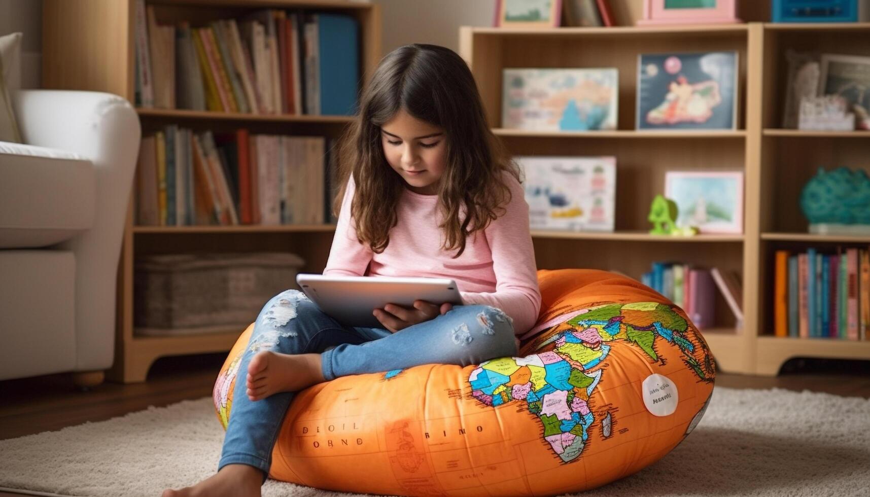 Cute Caucasian girl sitting on sofa, playing and learning on tablet generated by AI photo