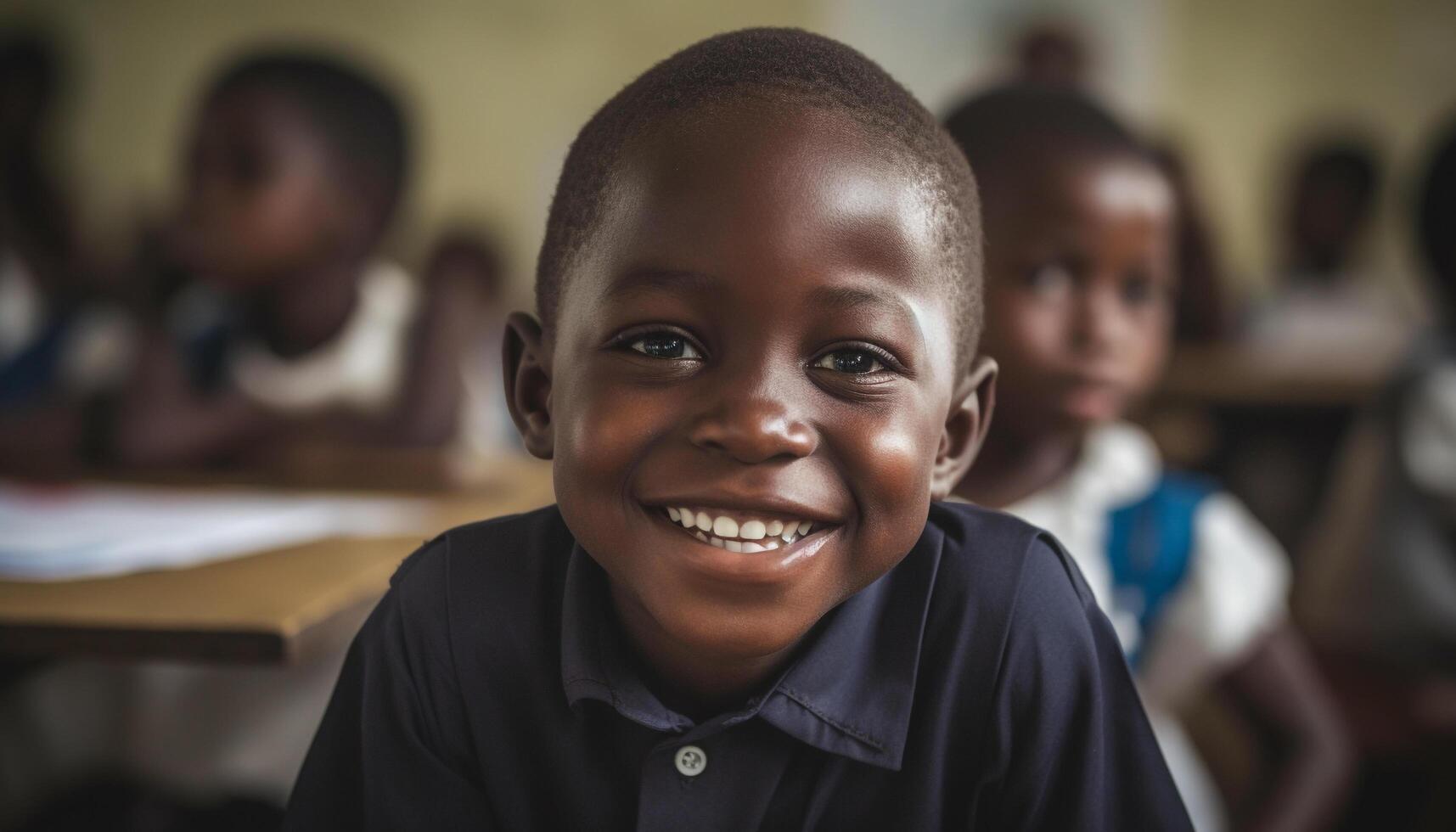 Smiling school children studying in a diverse classroom with teacher generated by AI photo