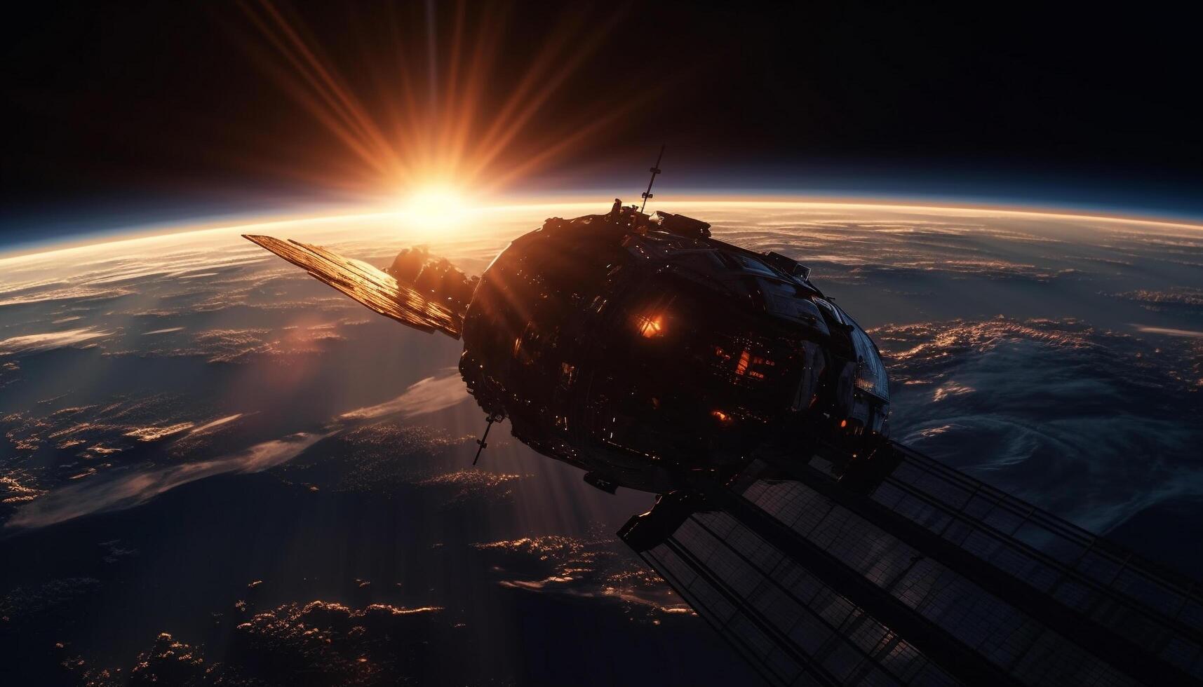 Spaceship orbits planet in stunning sunset landscape, a sci fi adventure generated by AI photo