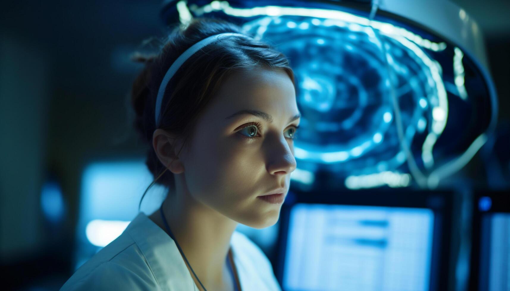 Young adult Caucasian woman working with futuristic healthcare technology indoors generated by AI photo
