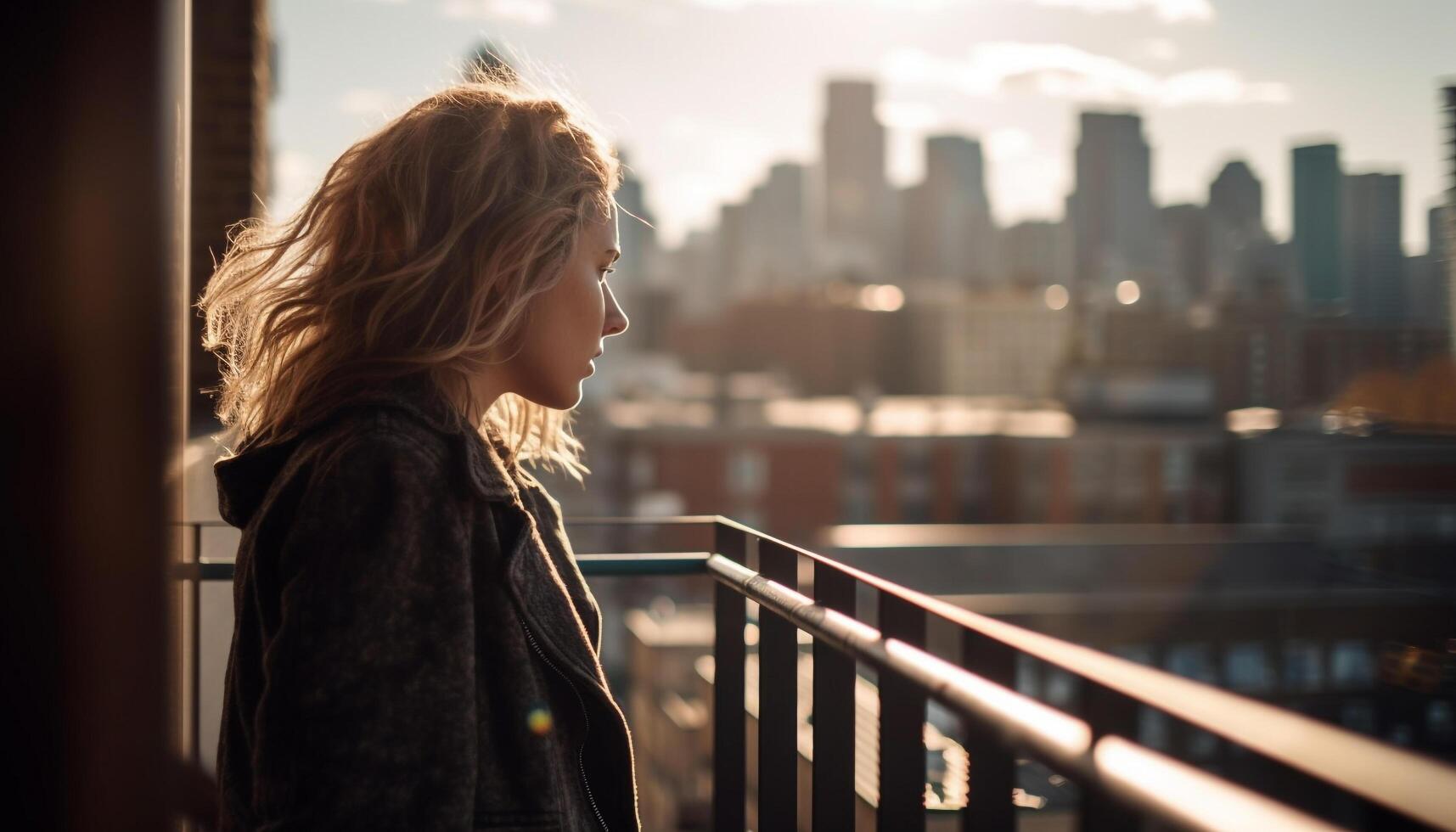 One young woman smiling, looking away at cityscape during sunset generated by AI photo