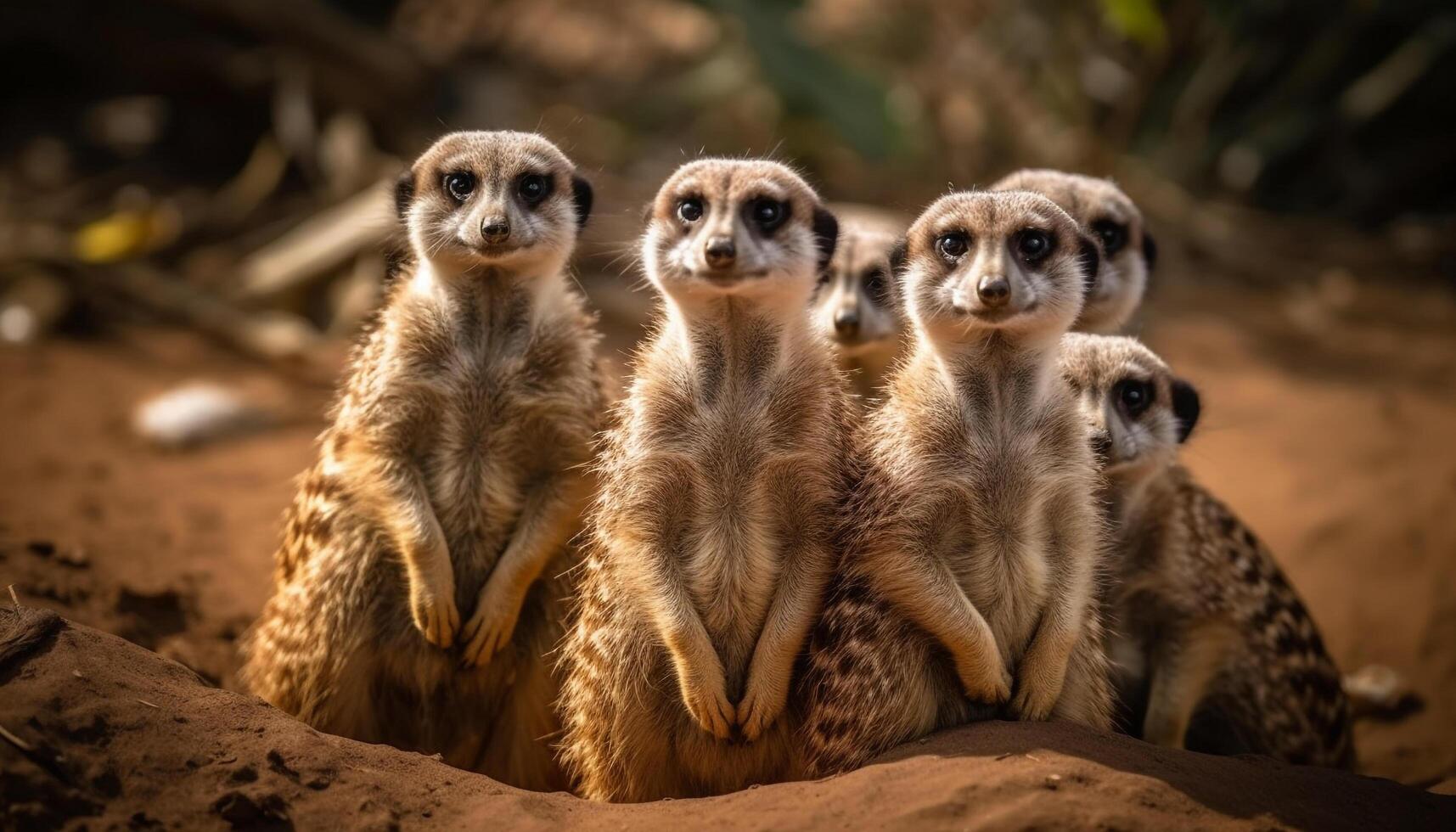 pequeño linda suricatas sentado en un fila, vigilancia en naturaleza generado por ai foto