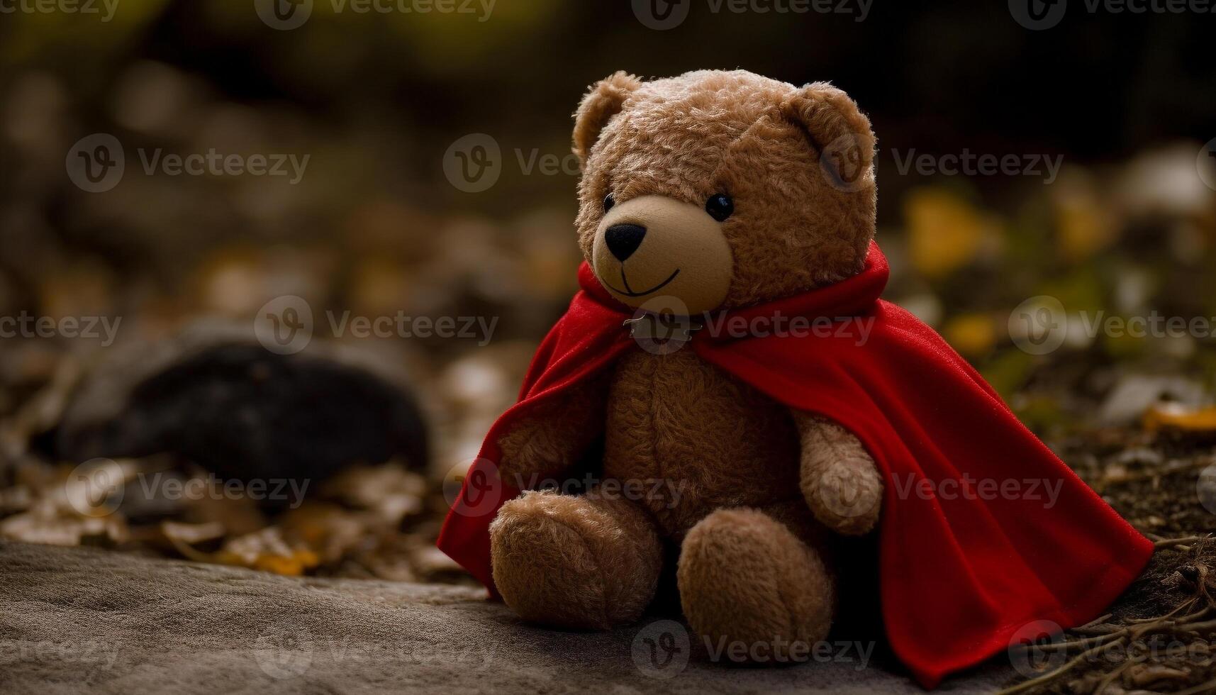 Cute toy teddy bear sitting on autumn leaf in nature generated by AI photo