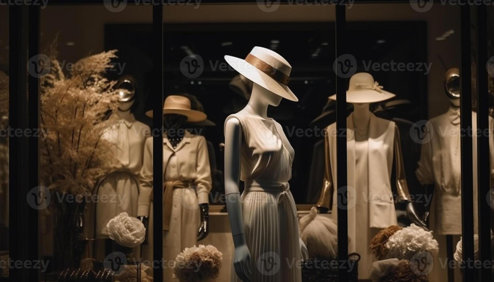 elegante vestir colección desplegado en moderno ropa Tienda ventana generado por ai foto