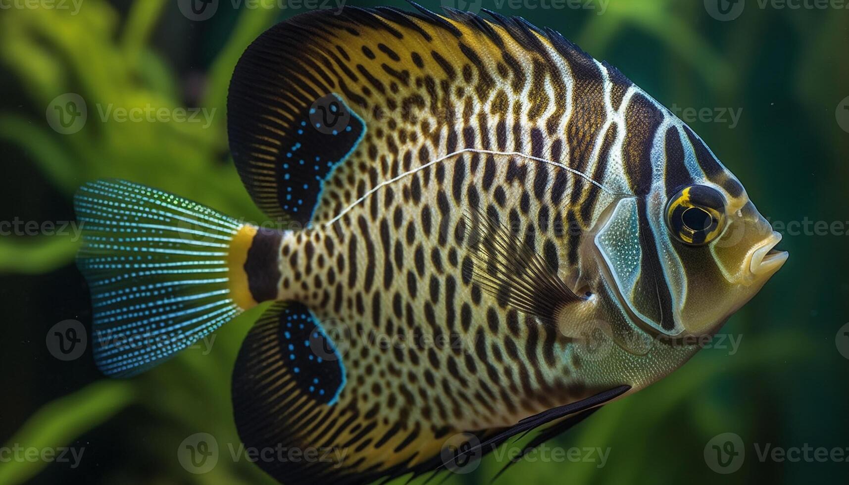 Multi colored striped fish swims in beautiful coral reef underwater generated by AI photo