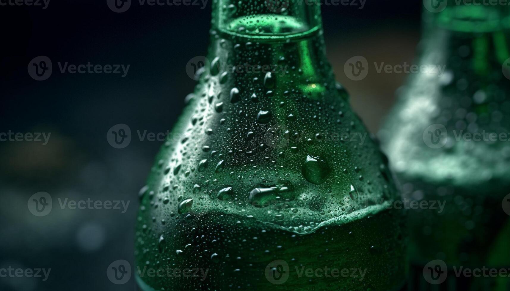 Wet beer bottle reflects green background, condensation and freshness generated by AI photo