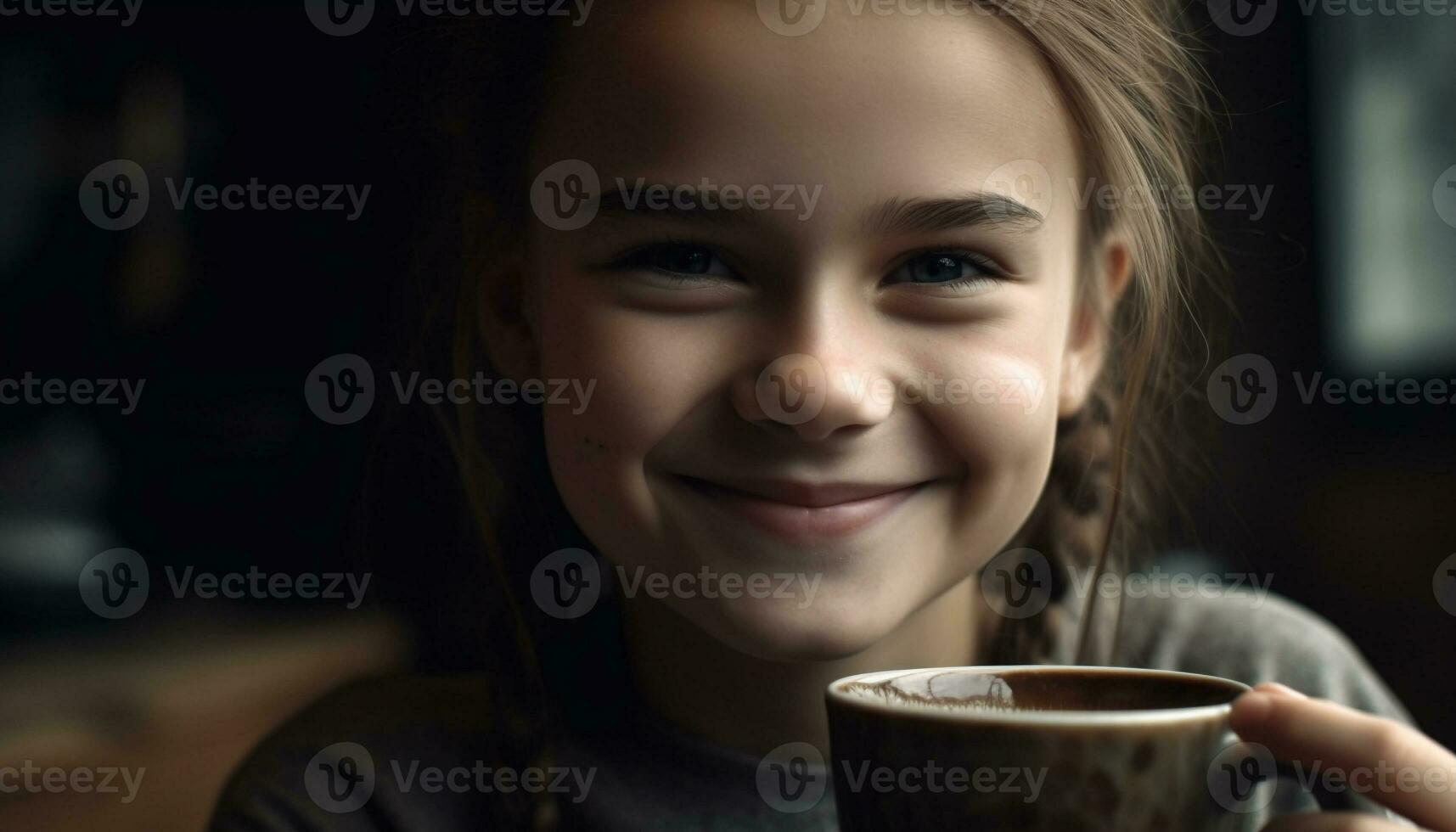 Smiling girl holding coffee cup, enjoying domestic leisure activity generated by AI photo