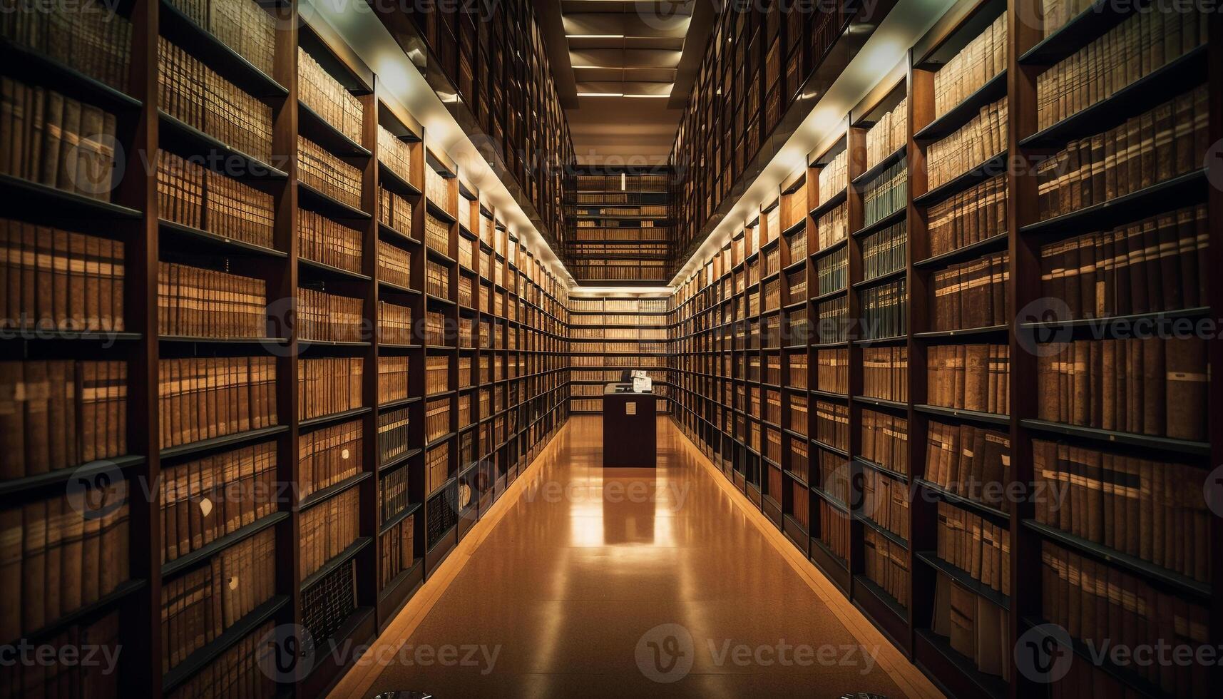 Aisle of textbooks in a modern library, illuminated for studying generated by AI photo