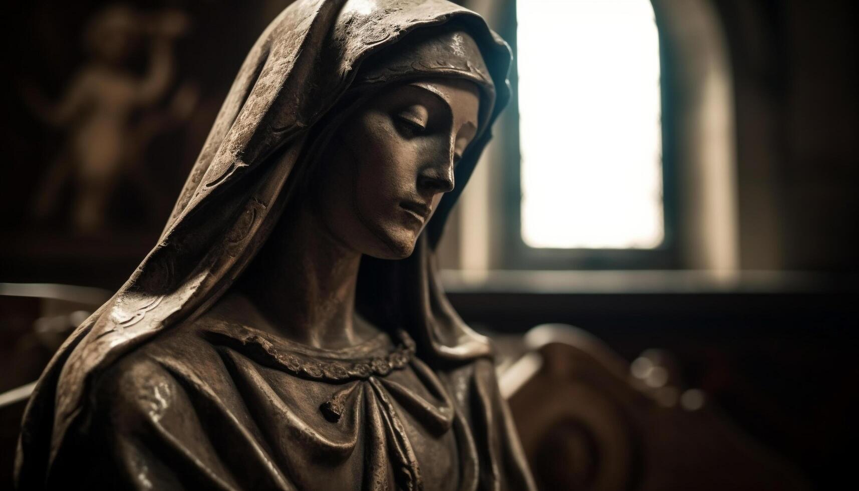 Gothic altar decoration with bible and statue of praying woman generated by AI photo