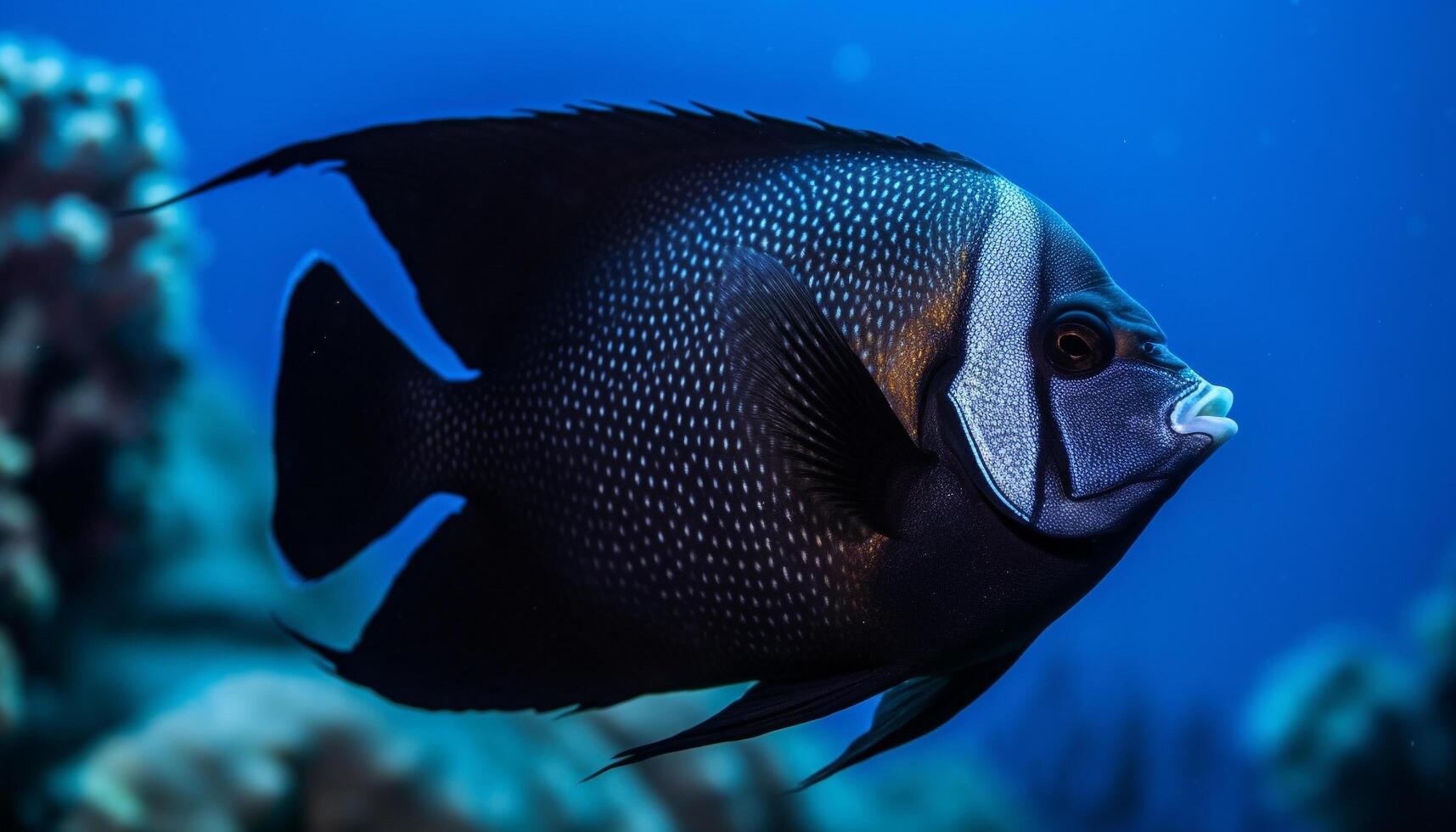 Colorful clown fish swimming in seascape, below striped coral generated by AI photo