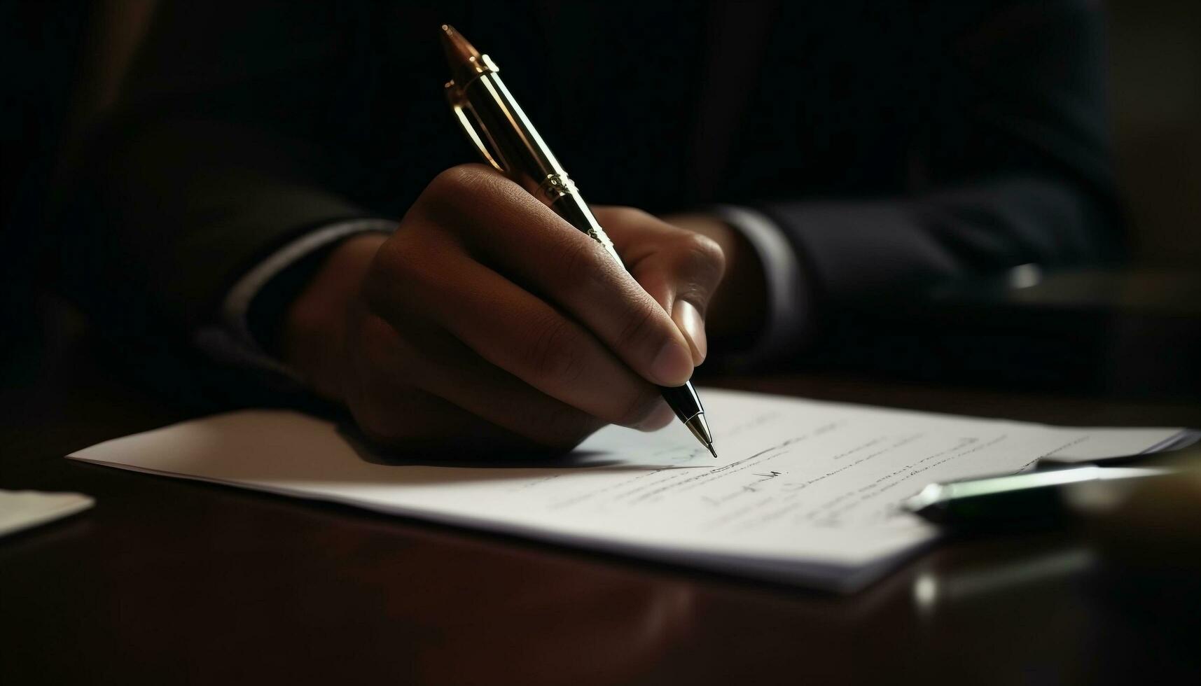 Businessman signing contract with ballpoint pen on desk, close up focus generated by AI photo