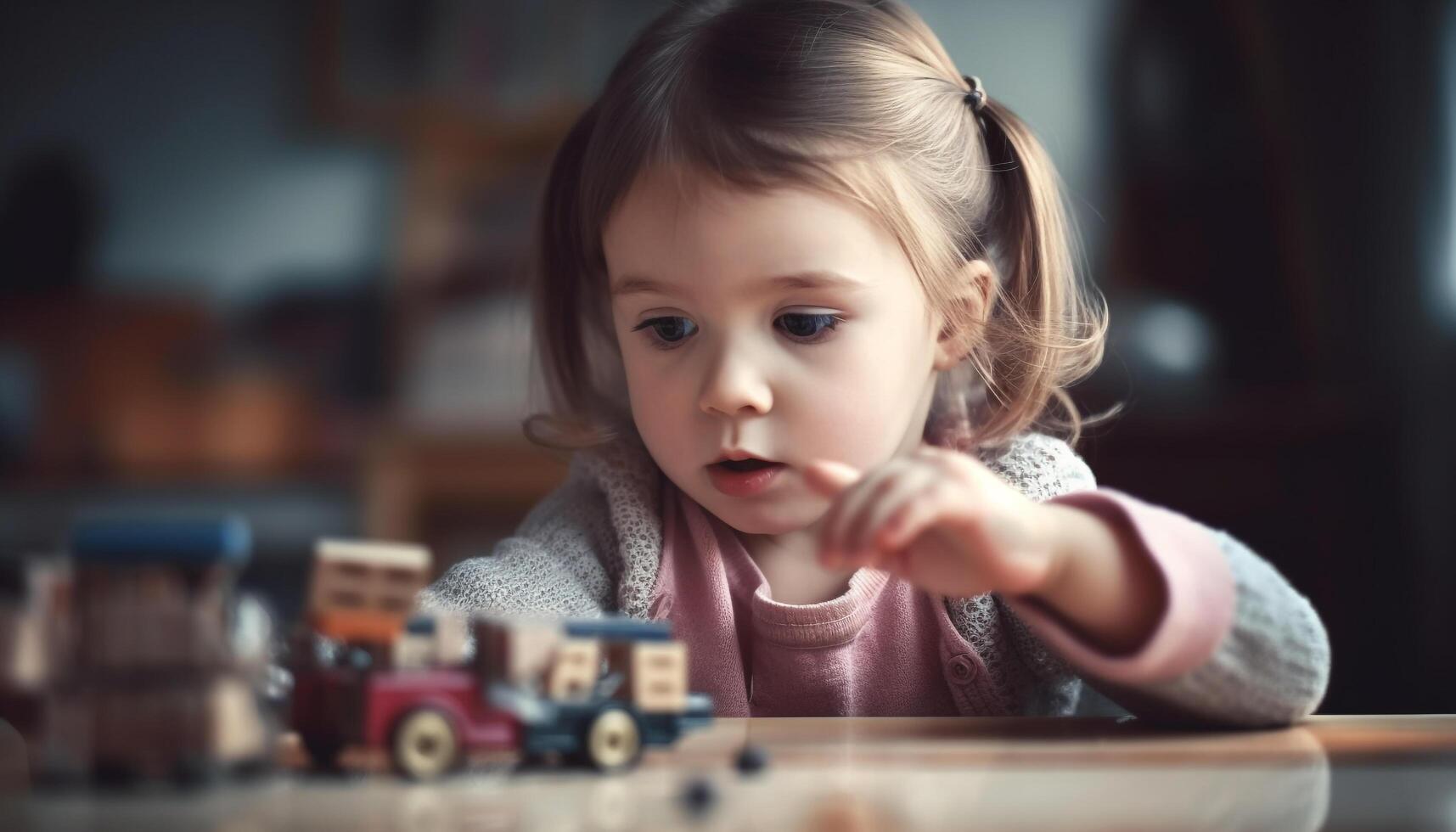 Smiling toddler playing with toy, learning creativity and development generated by AI photo