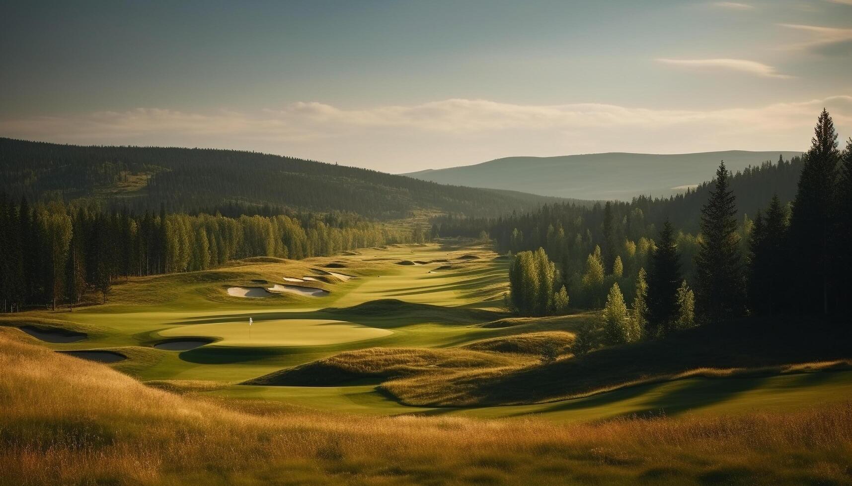 Tranquil scene of golf course at dusk in autumn season generated by AI photo