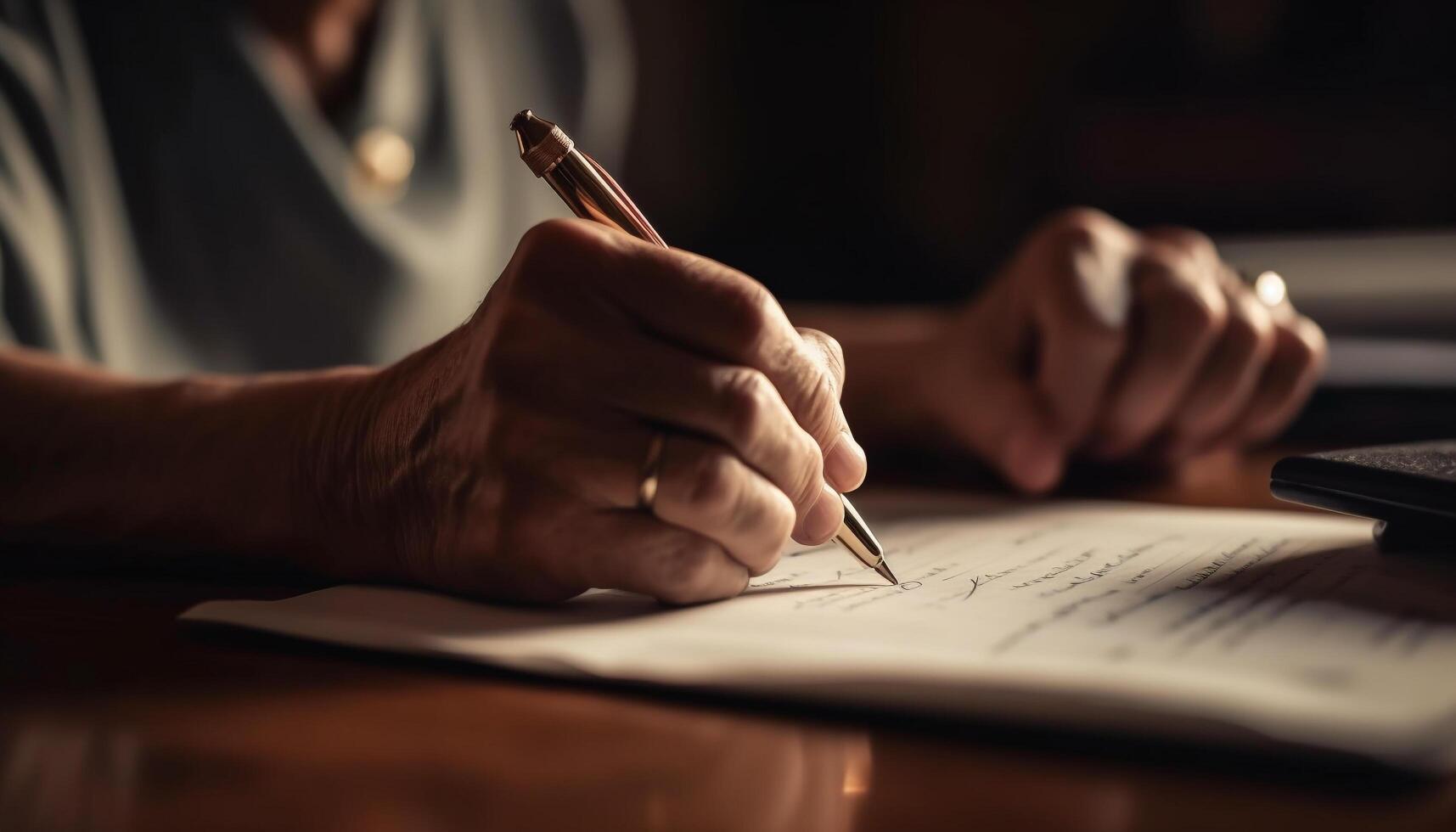 One businessman sitting indoors, working on paperwork with concentration generated by AI photo