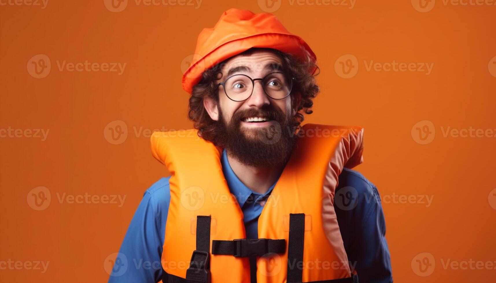 Smiling Caucasian engineer in orange hardhat looking at camera confidently generated by AI photo