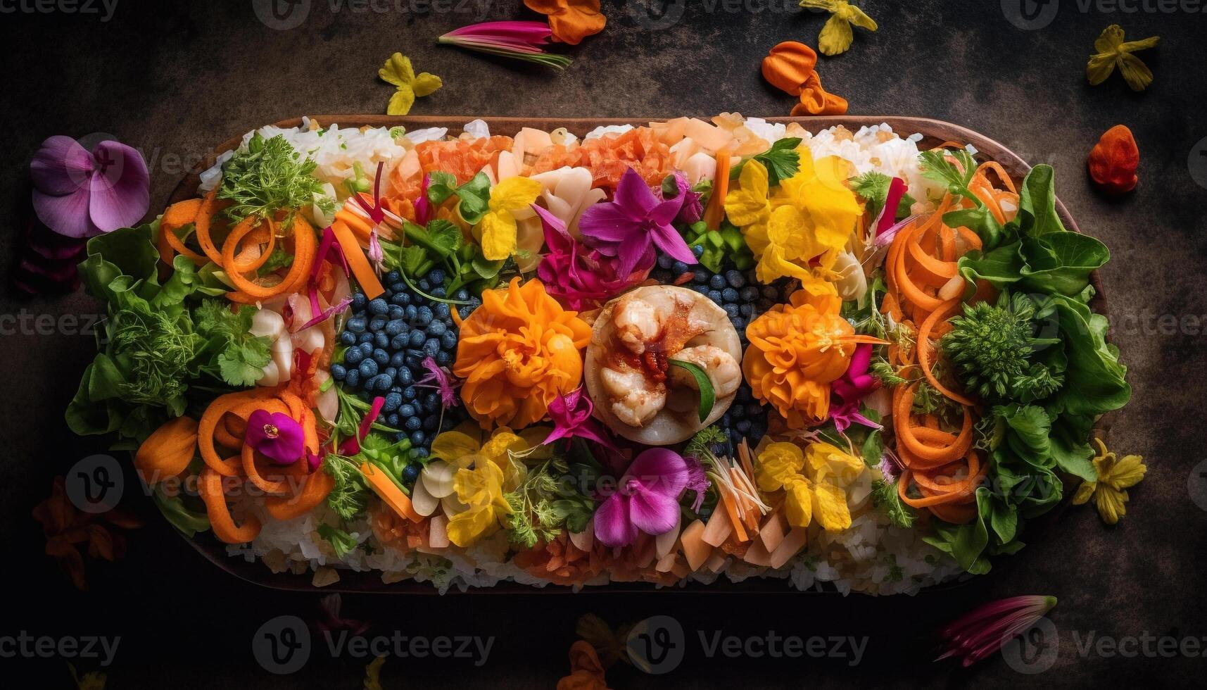 Healthy vegetarian salad with multi colored vegetables on wooden plate generated by AI photo