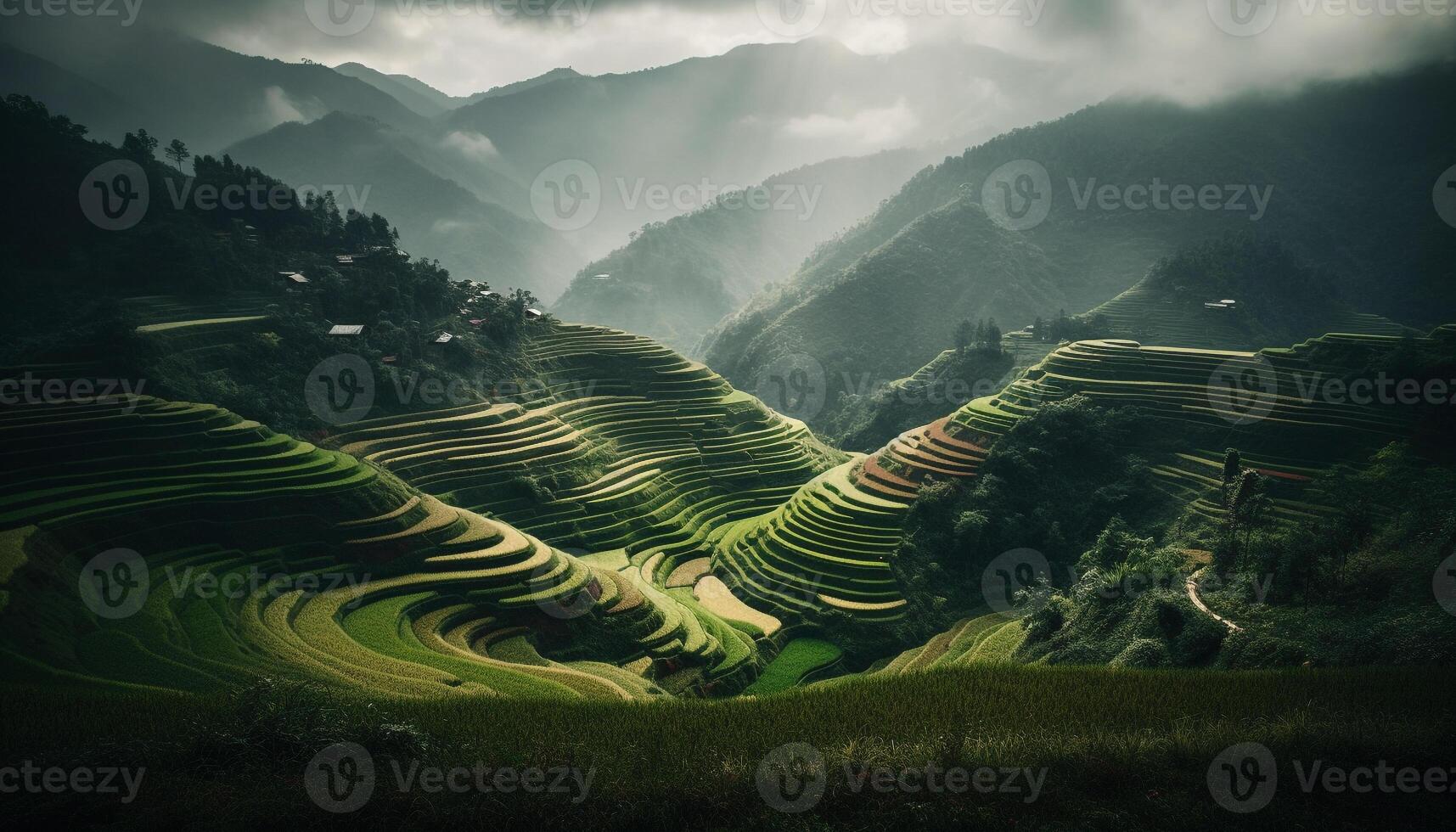 Terraced rice paddies showcase growth in Sa Pa rural landscape generated by AI photo