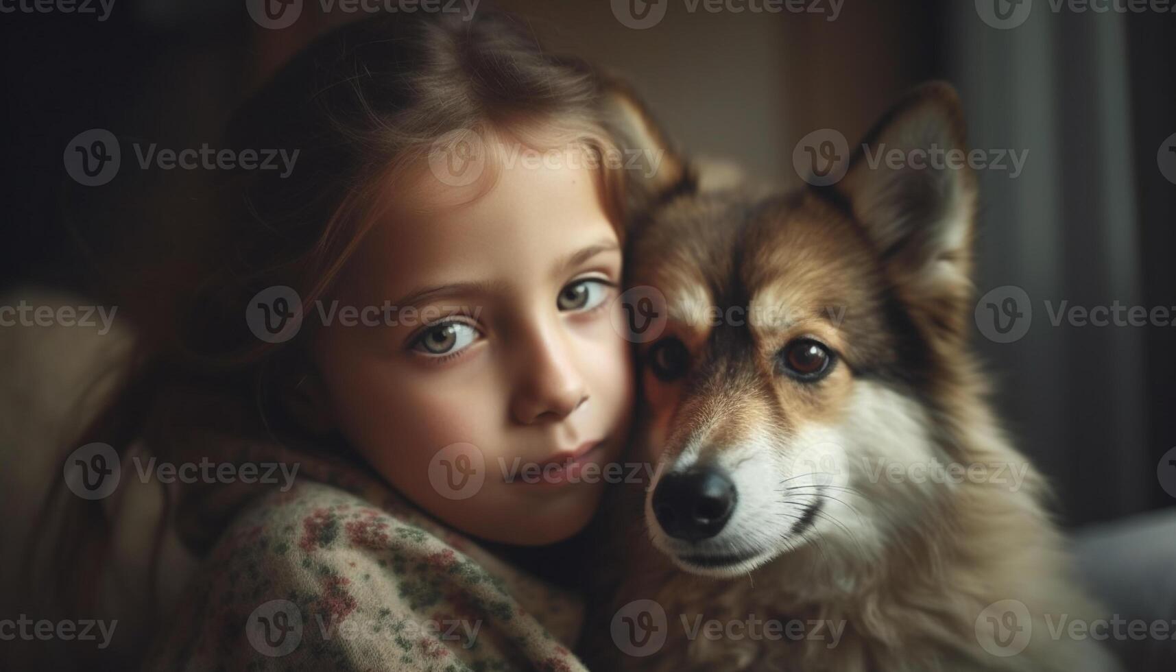 Caucasian child smiling, holding cute Shetland Sheepdog portrait indoors generated by AI photo