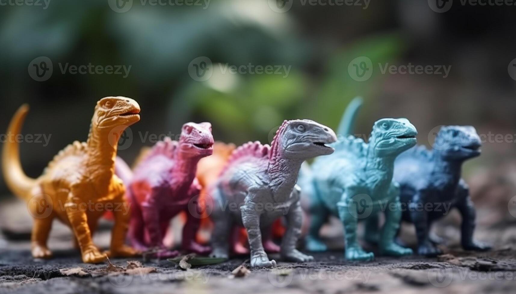 Small plastic dinosaur figurines in a row, playful childhood memories generated by AI photo