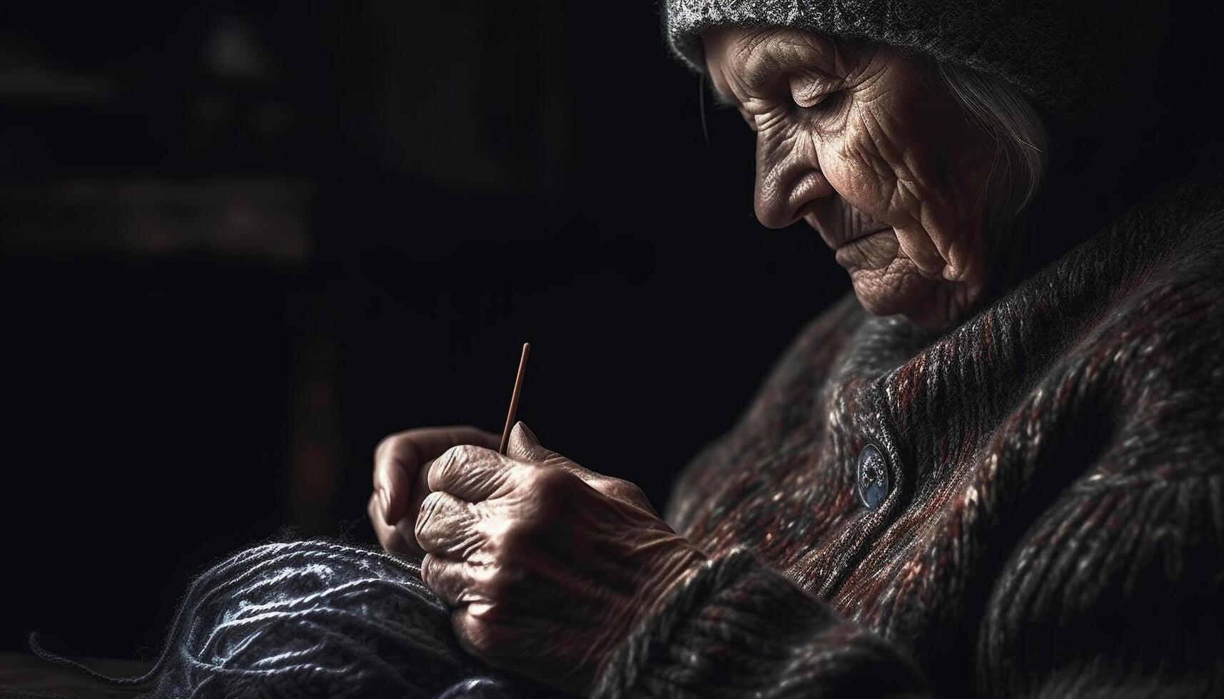 Lonely senior man knitting wool, surrounded by solitude and sadness generated by AI photo