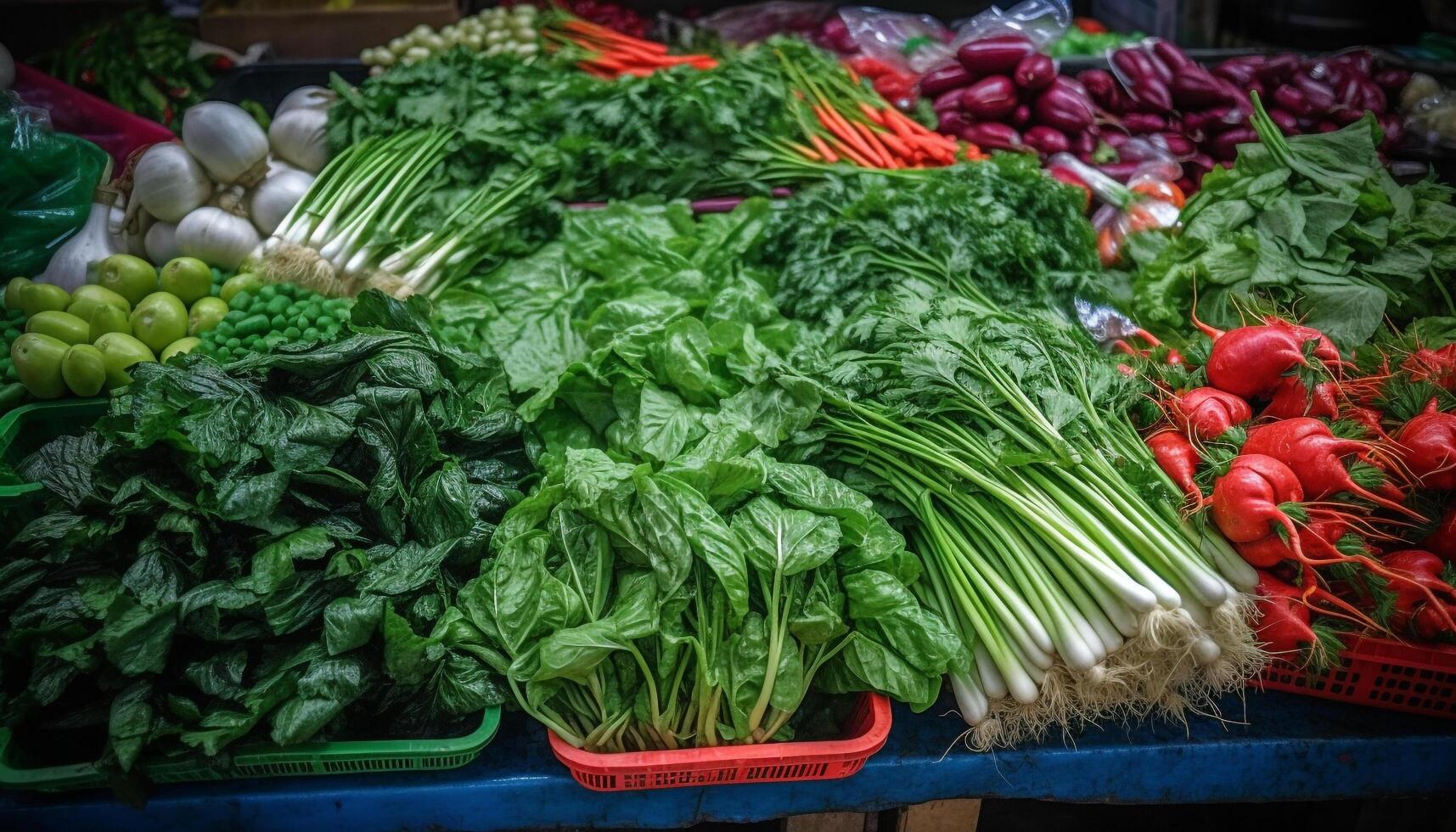 Fresco orgánico vegetales para sano comiendo, vendido a agricultores mercado generado por ai foto
