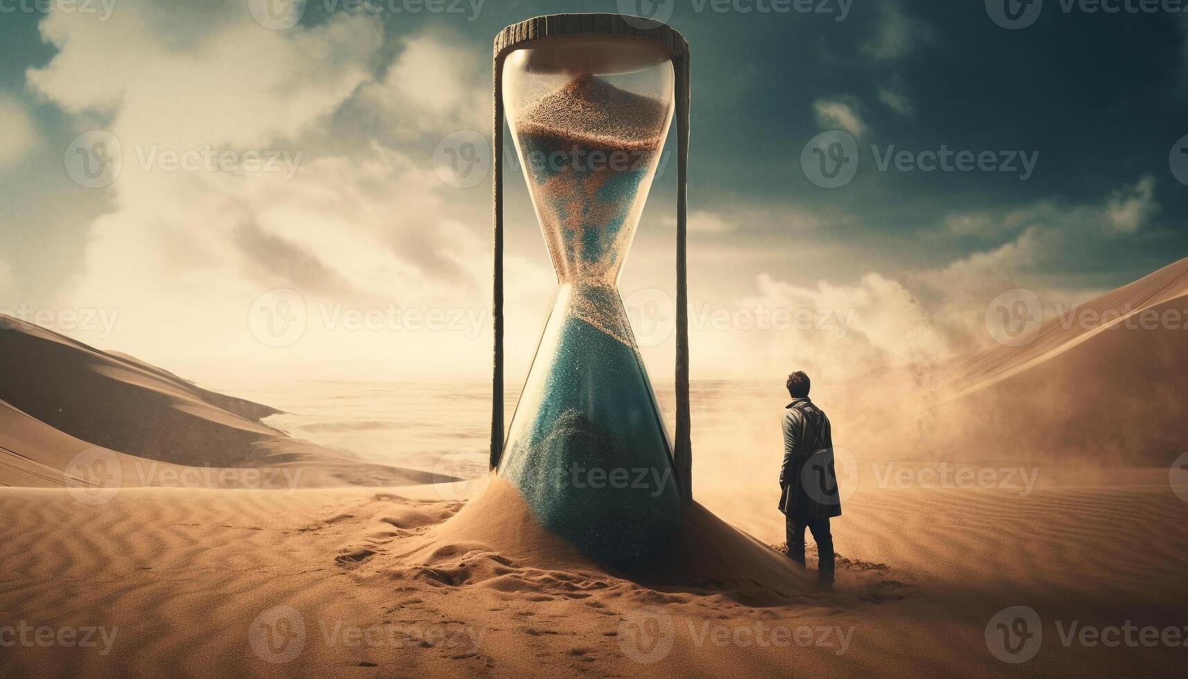 Businessman standing on sand dune holding timer, watching sunset countdown generated by AI photo