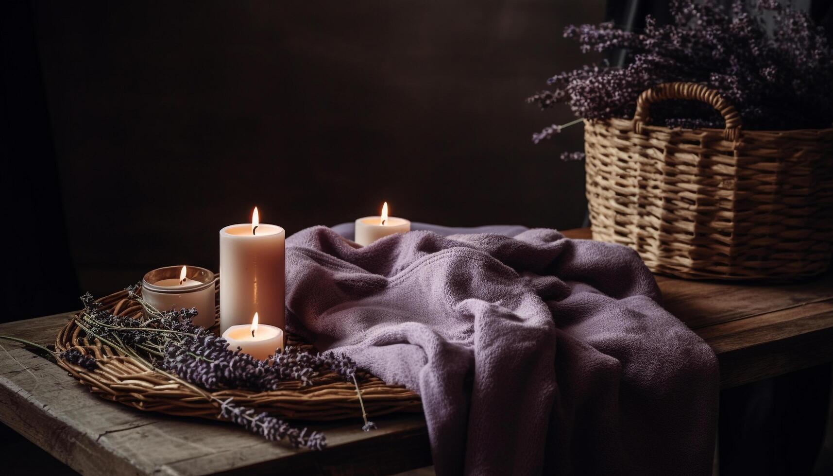 Natural flame burning, massaging relaxation with aromatherapy and candlelight decor generated by AI photo