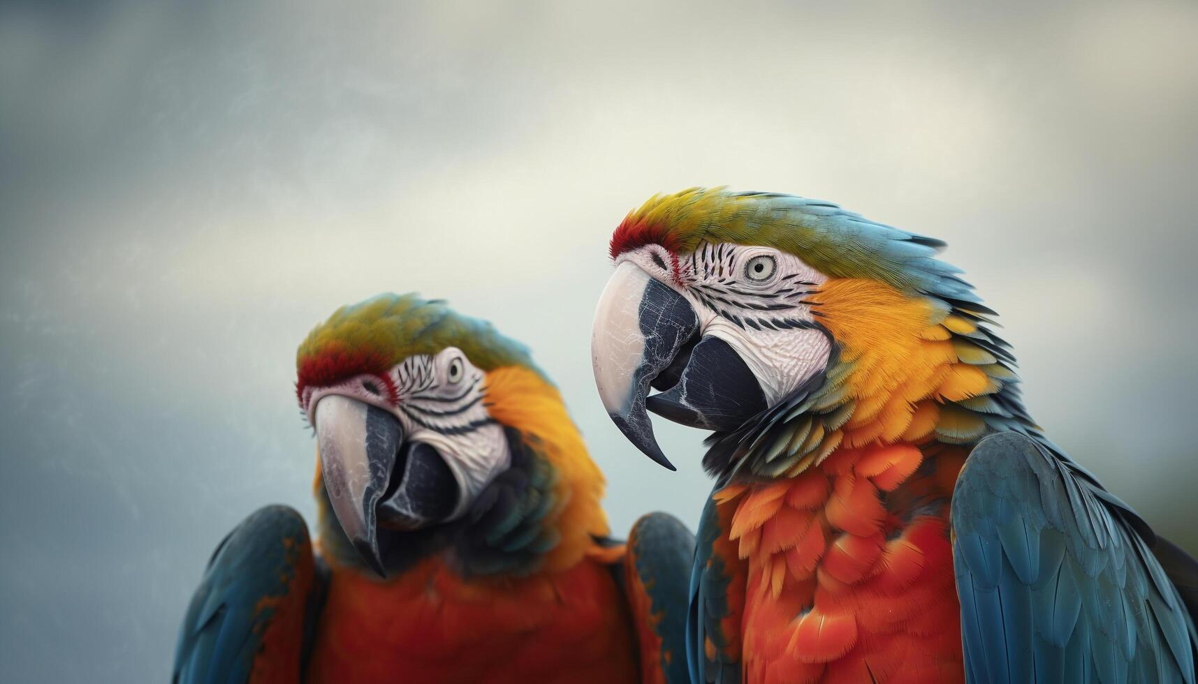 Vibrant macaw perching on branch, showcasing multi colored feathers generated by AI photo