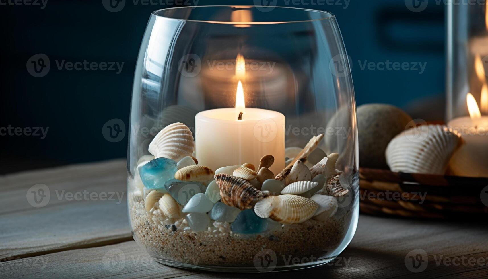 Seashell and starfish decoration on wood table with candlelight generated by AI photo