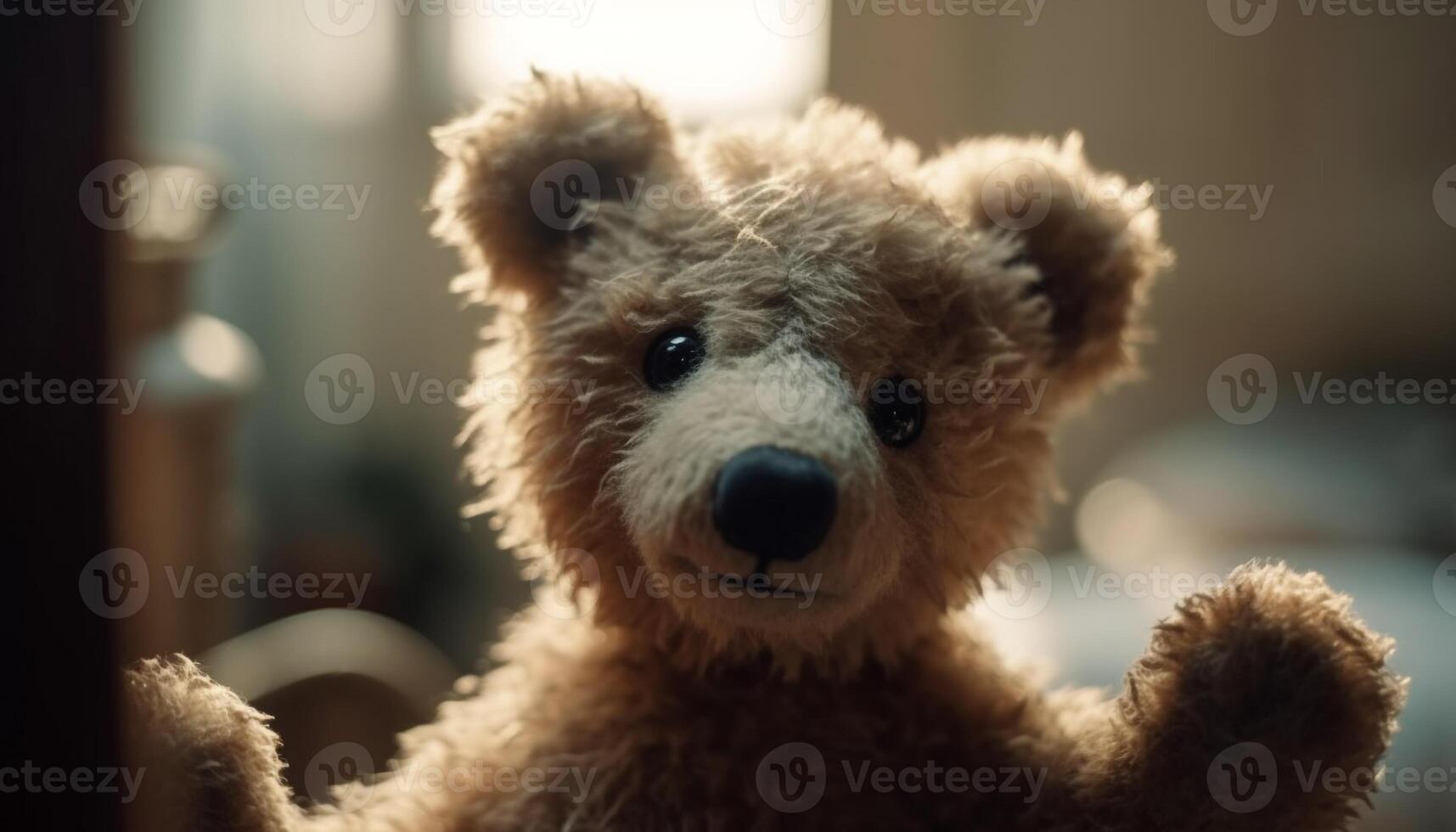 Cute teddy bear sitting, fluffy fur, playful young animal indoors generated by AI photo