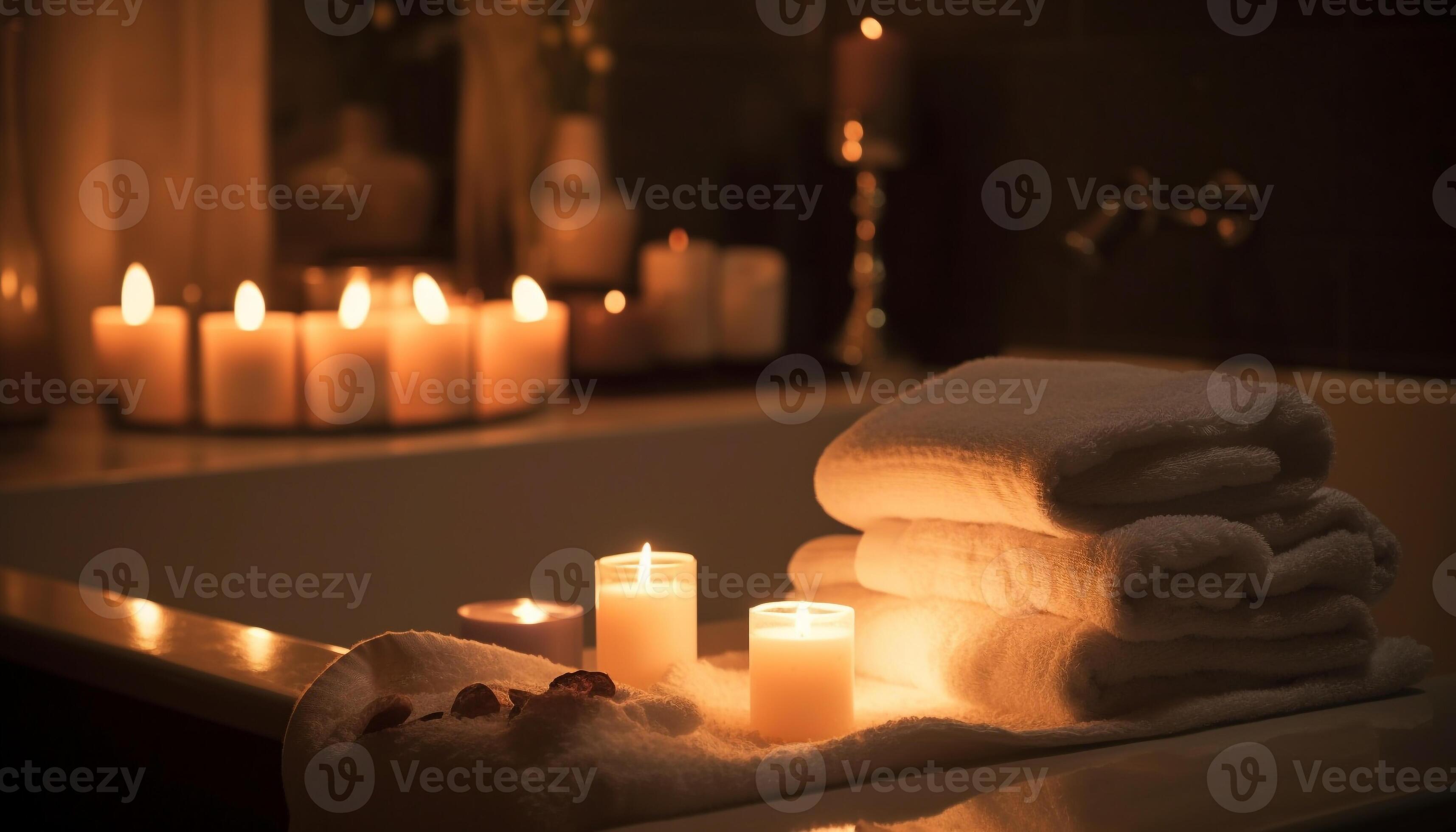 Candle burning, towel ready, flame flickers, relaxation begins