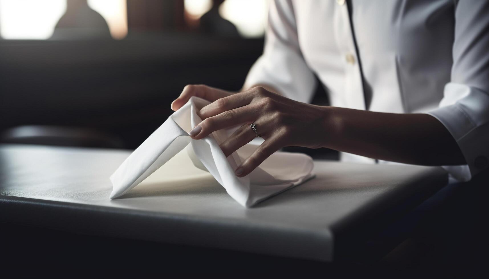 One woman reading a document at a desk indoors generated by AI photo