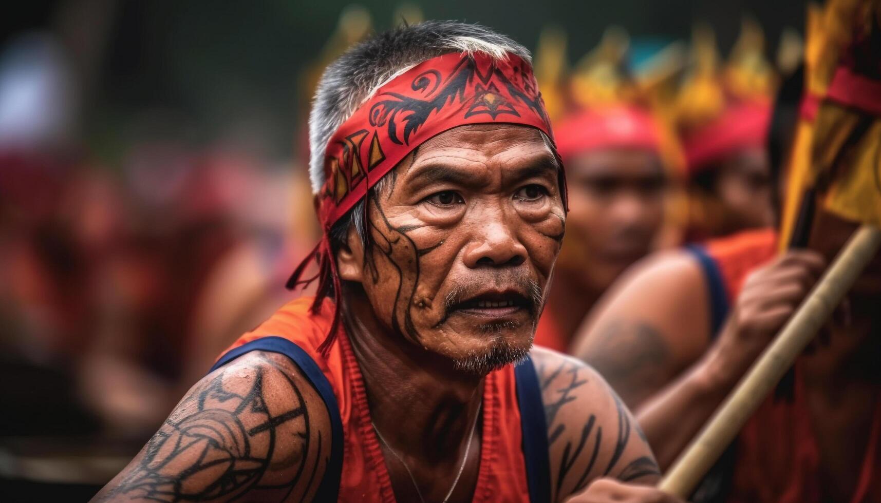 Indigenous athletes celebrate traditional festival with multi colored traditional clothing outdoors generated by AI photo