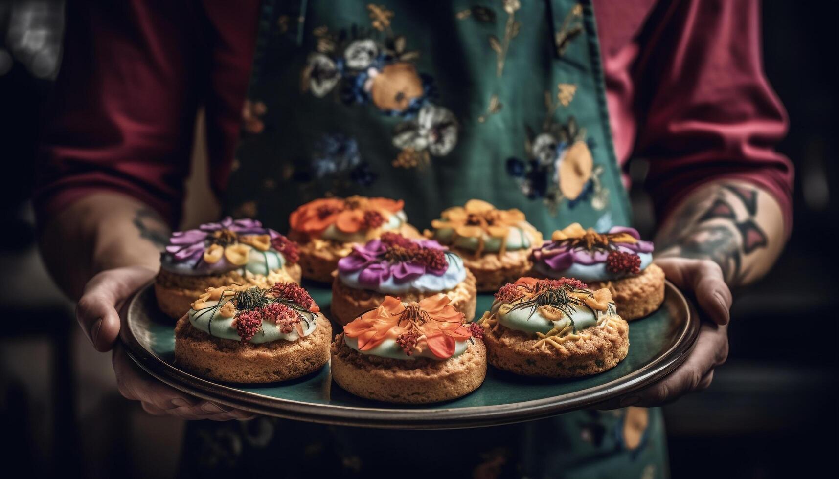 Caucasian baker making homemade chocolate muffins with creative decorations indoors generated by AI photo